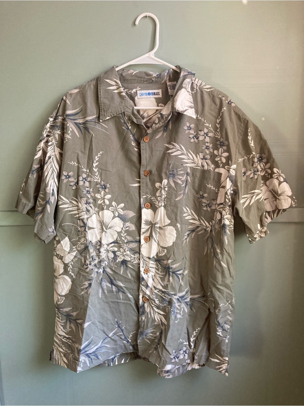 Canyon River Blues Olive Green Floral Short-Sleeve Button-Down Shirt Size Large